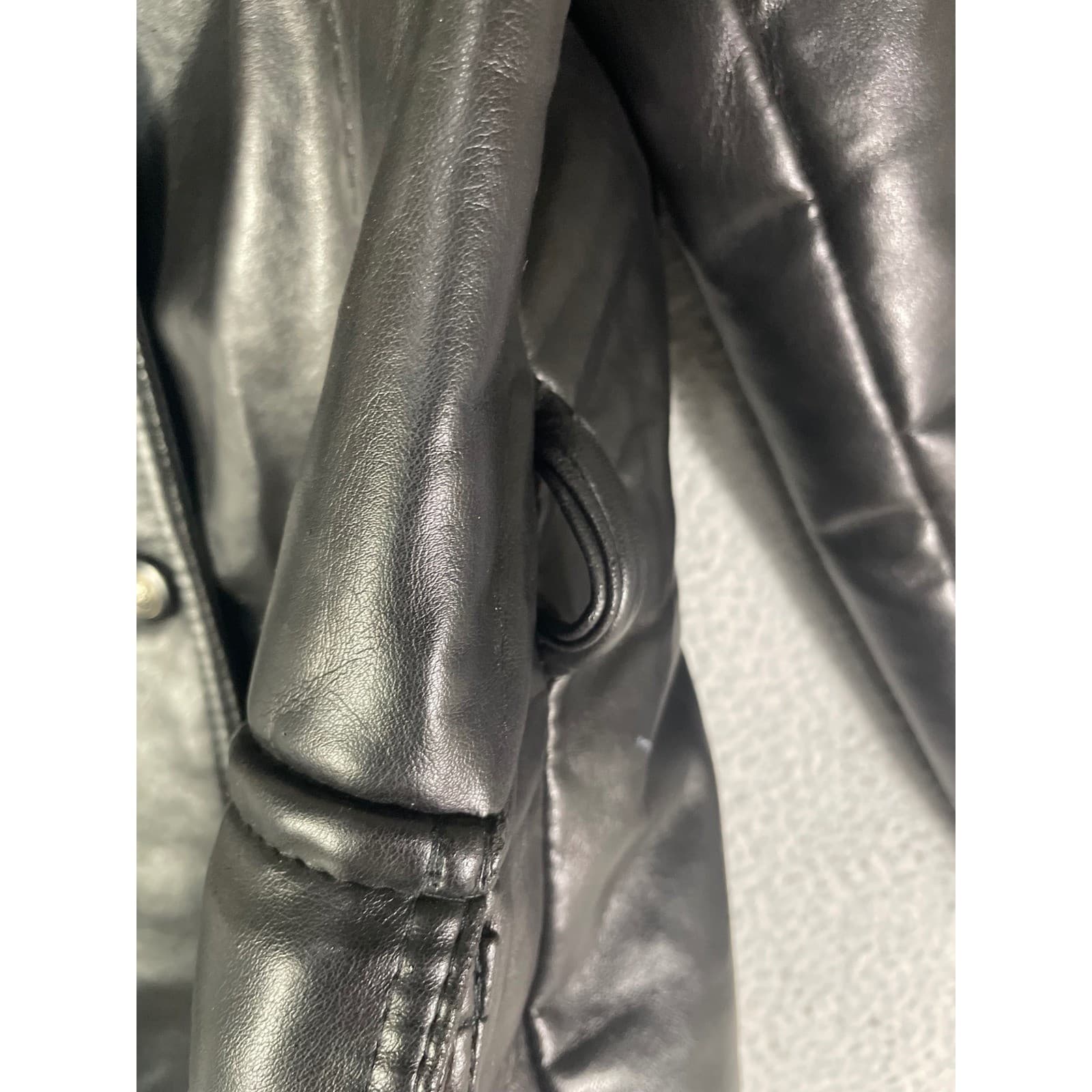 Made Italy Vintage Faux Leather Jacket Womens XL Black Oversized Moto Coat - Thumbnail 13