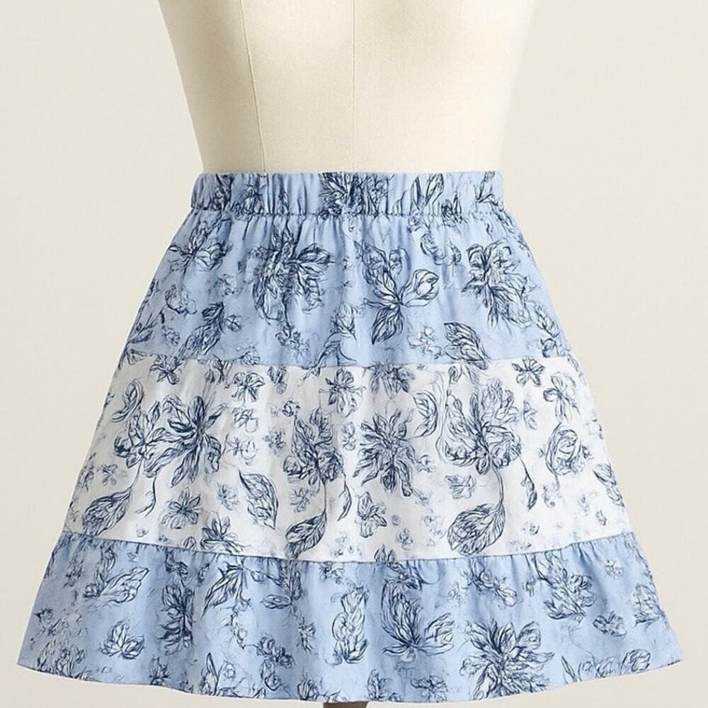 Rachel Zoe Blue Toile Print Skirt Size Large Lined Pull-On Smocked Cottagecore - Thumbnail 2