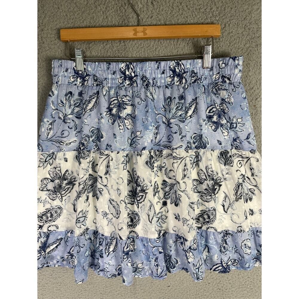 Rachel Zoe Blue Toile Print Skirt Size Large Lined Pull-On Smocked Cottagecore - Thumbnail 3