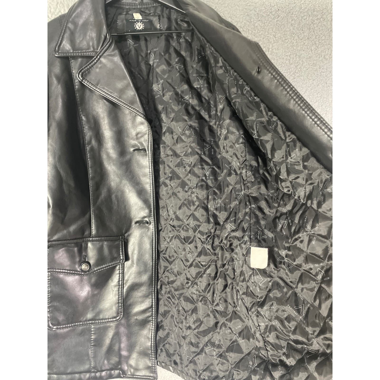 Made Italy Vintage Faux Leather Jacket Womens XL Black Oversized Moto Coat - Thumbnail 15