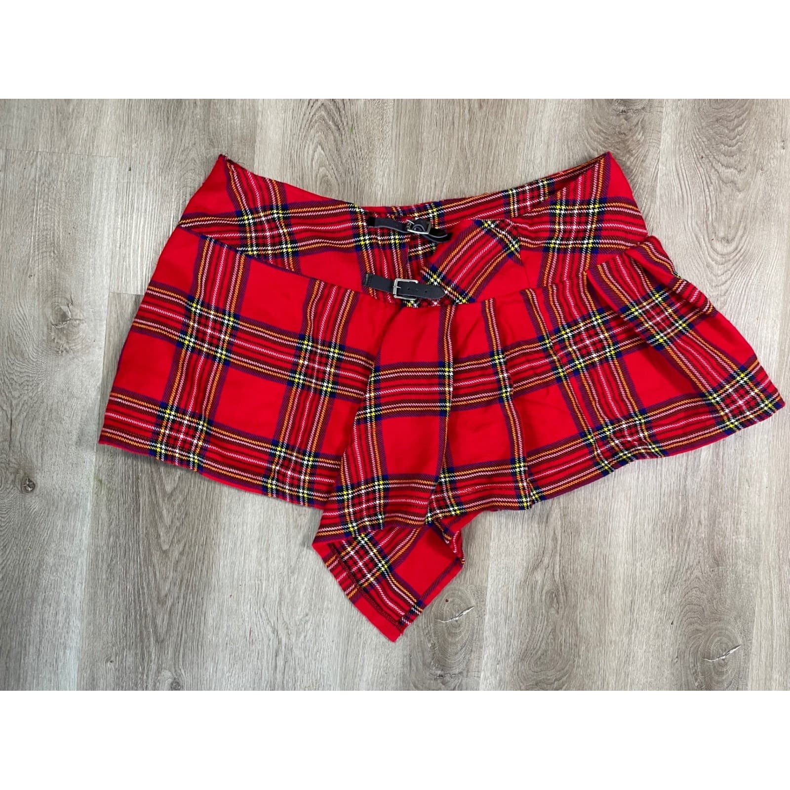 Red Tartan Plaid Kilt Skirt Buckle Detail Mini Skirt Size 46 - Thumbnail 4