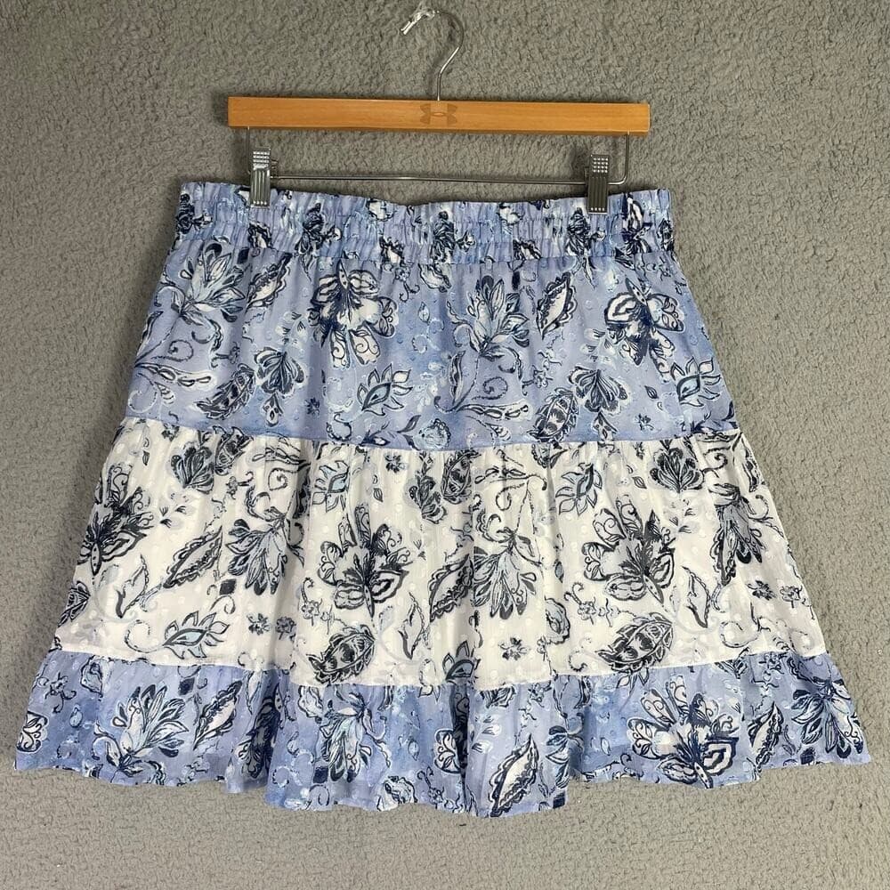 Rachel Zoe Blue Toile Print Skirt Size Large Lined Pull-On Smocked Cottagecore - Thumbnail 7