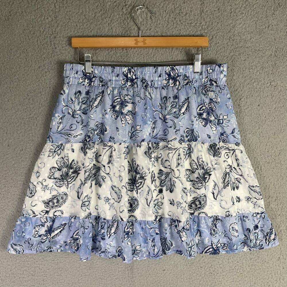 Rachel Zoe Blue Toile Print Skirt Size Large Lined Pull-On Smocked Cottagecore - Thumbnail 5
