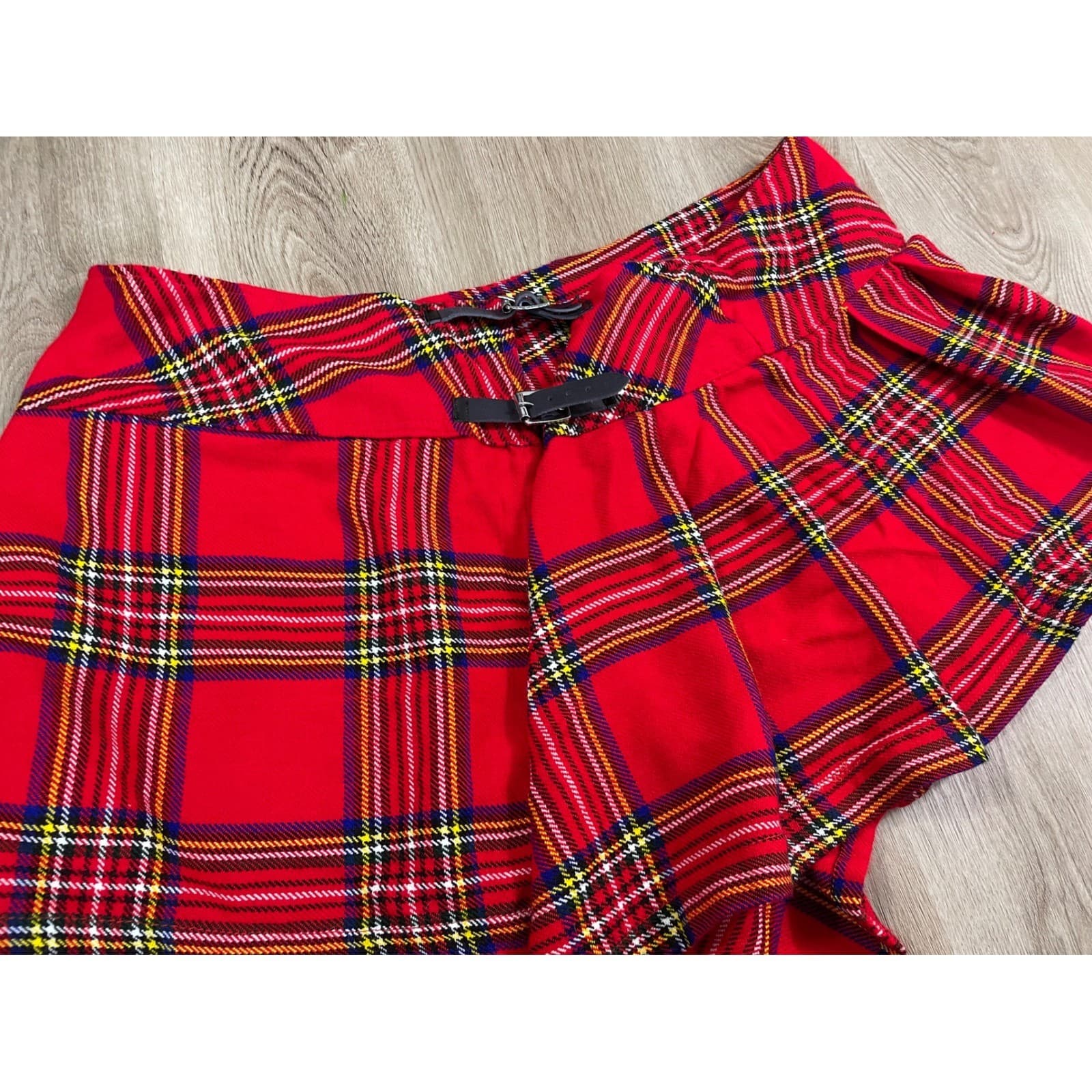 Red Tartan Plaid Kilt Skirt Buckle Detail Mini Skirt Size 46 - Thumbnail 7