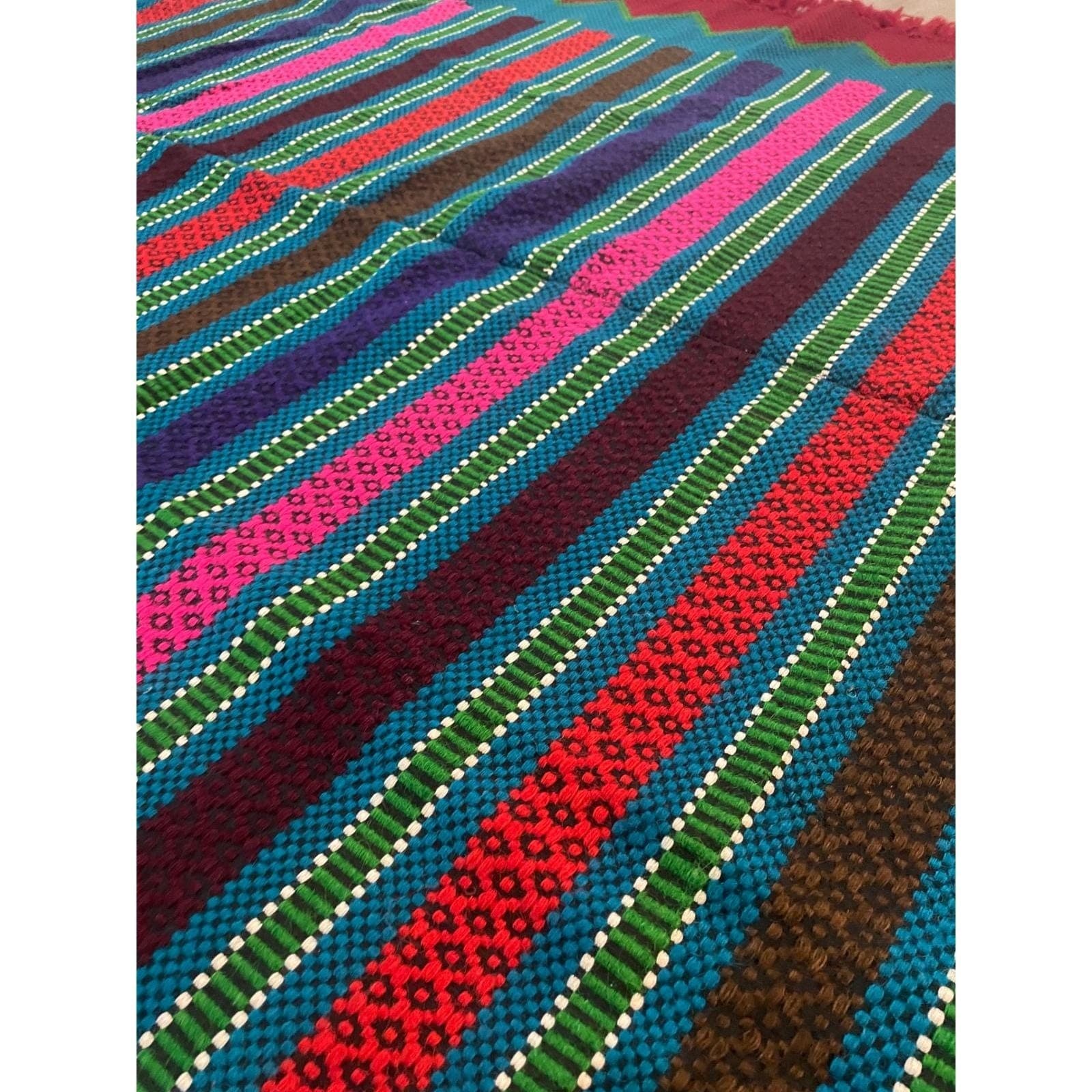 Vintage Mayan Blanket Rug Guatemalan Mexican Wool Frazada Striped Fringe - Thumbnail 8