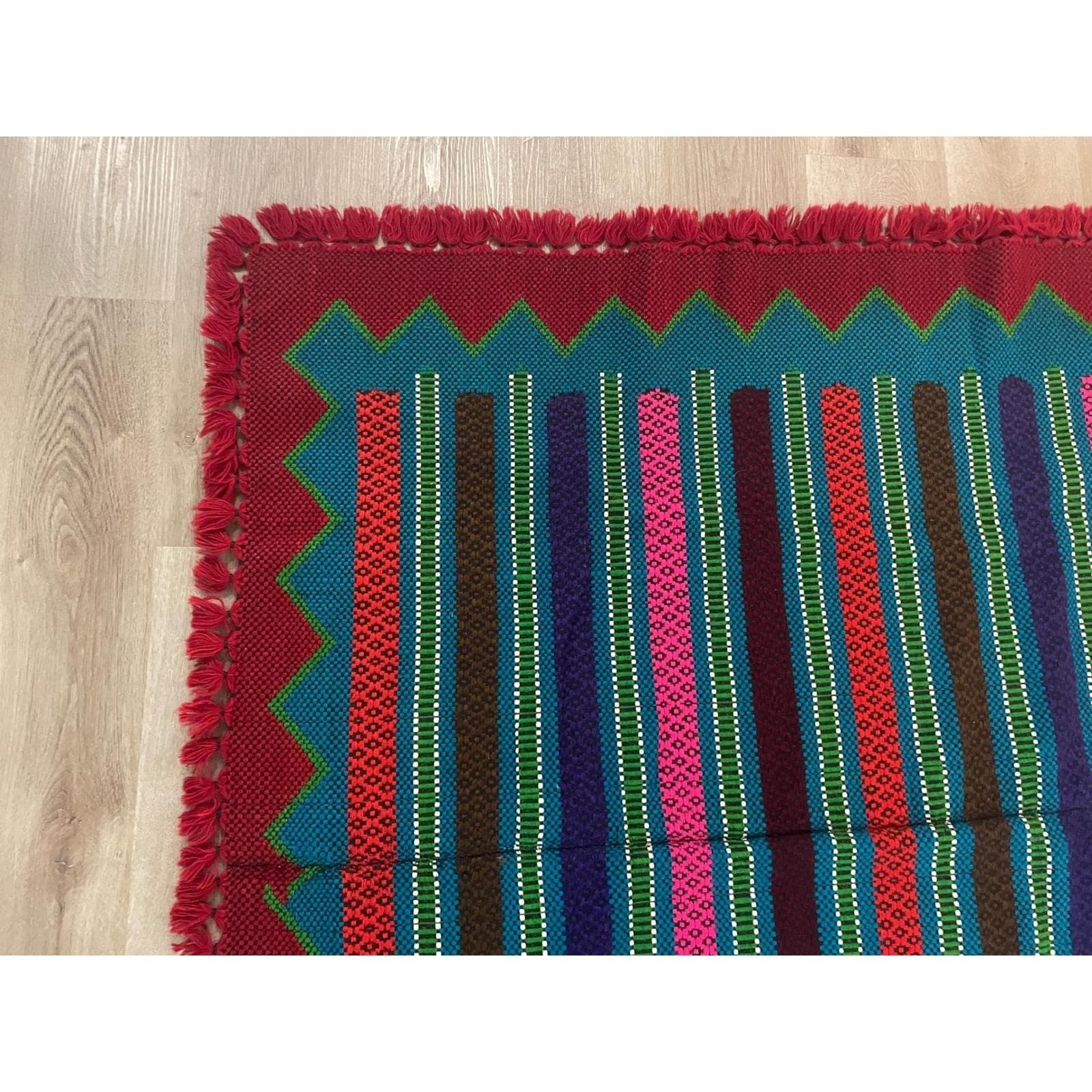 Vintage Mayan Blanket Rug Guatemalan Mexican Wool Frazada Striped Fringe - Thumbnail 6