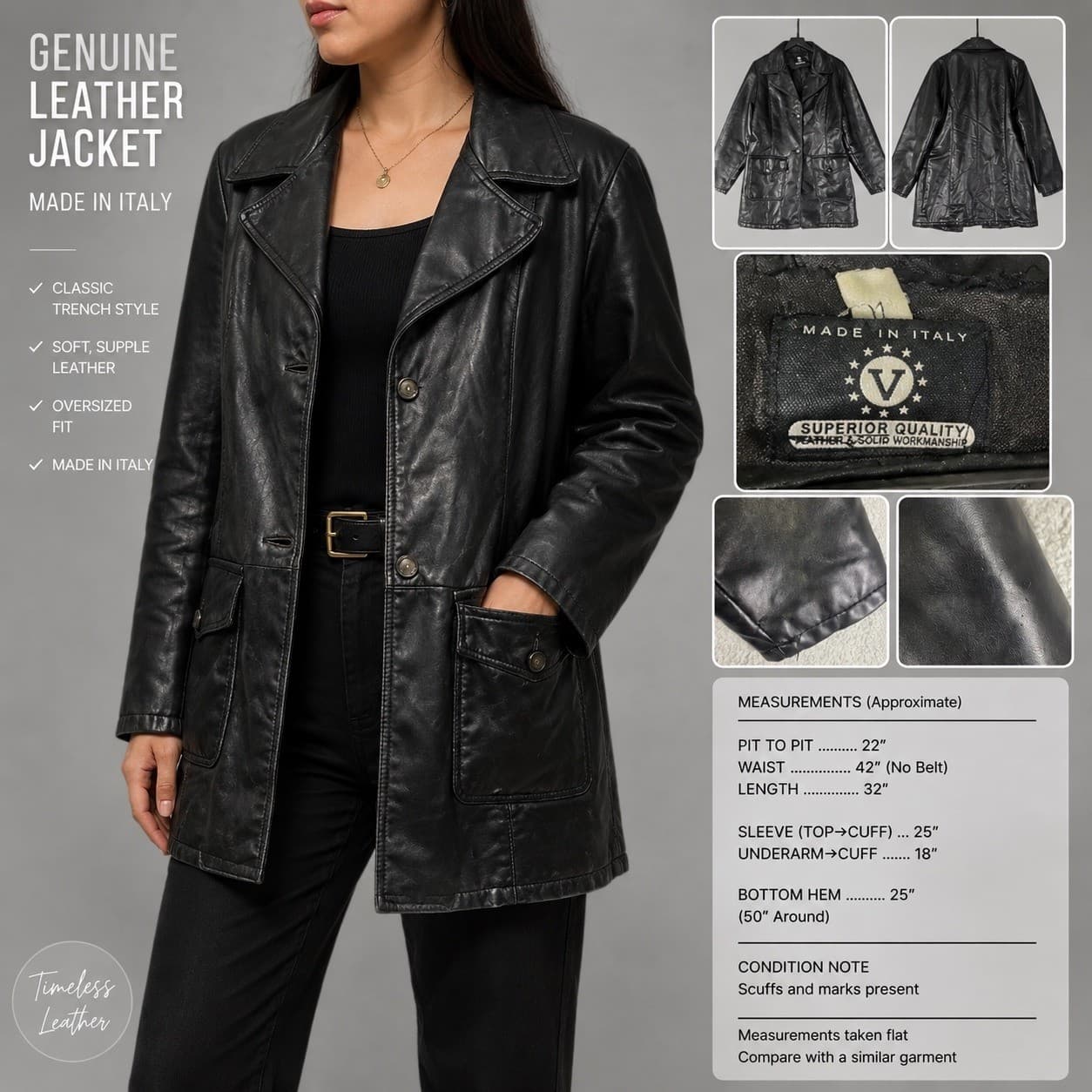 Made Italy Vintage Faux Leather Jacket Womens XL Black Oversized Moto Coat - Thumbnail 2
