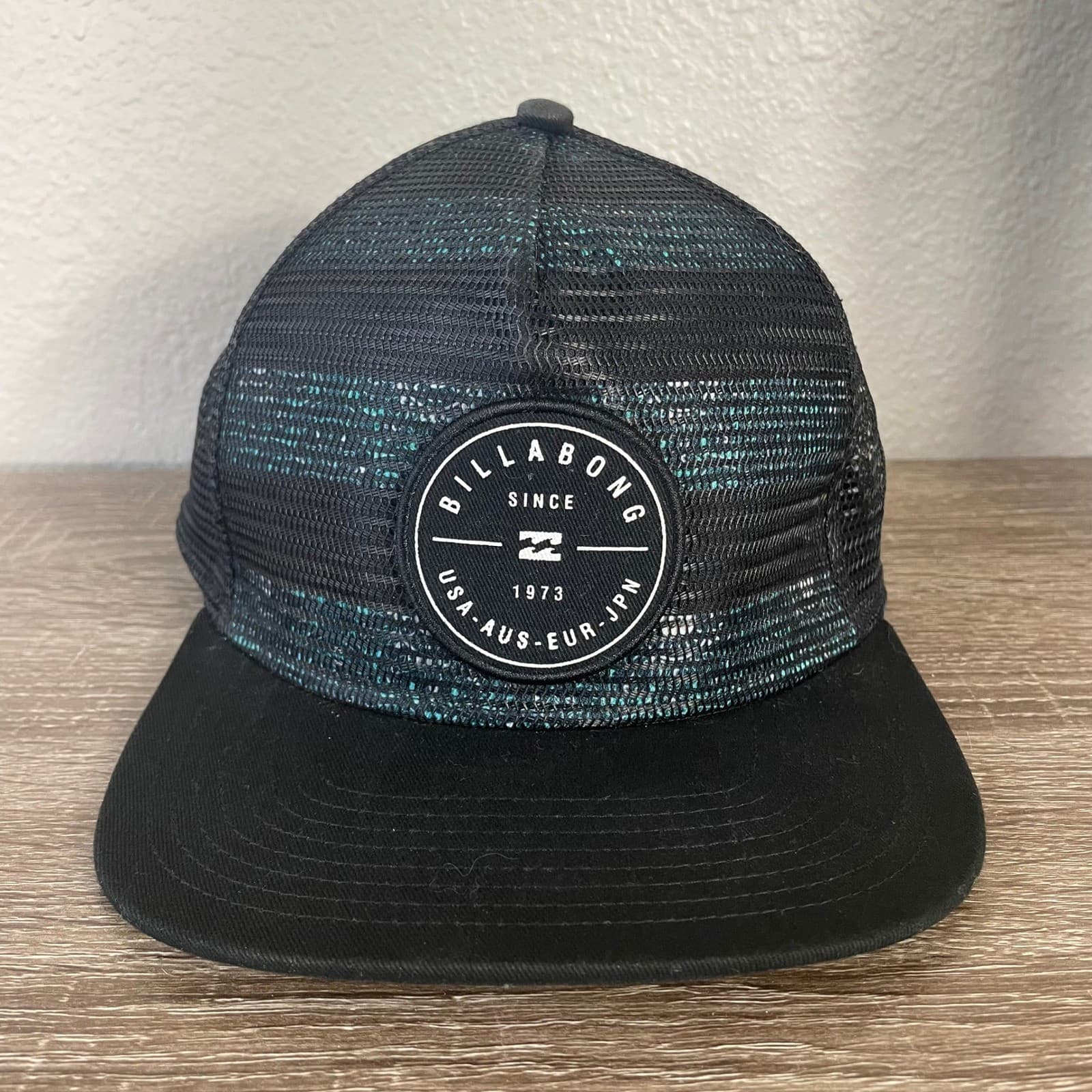 Billabong Mens Trucker Hat Black Teal Striped Logo Snapback Flat Brim Cap - Thumbnail 3