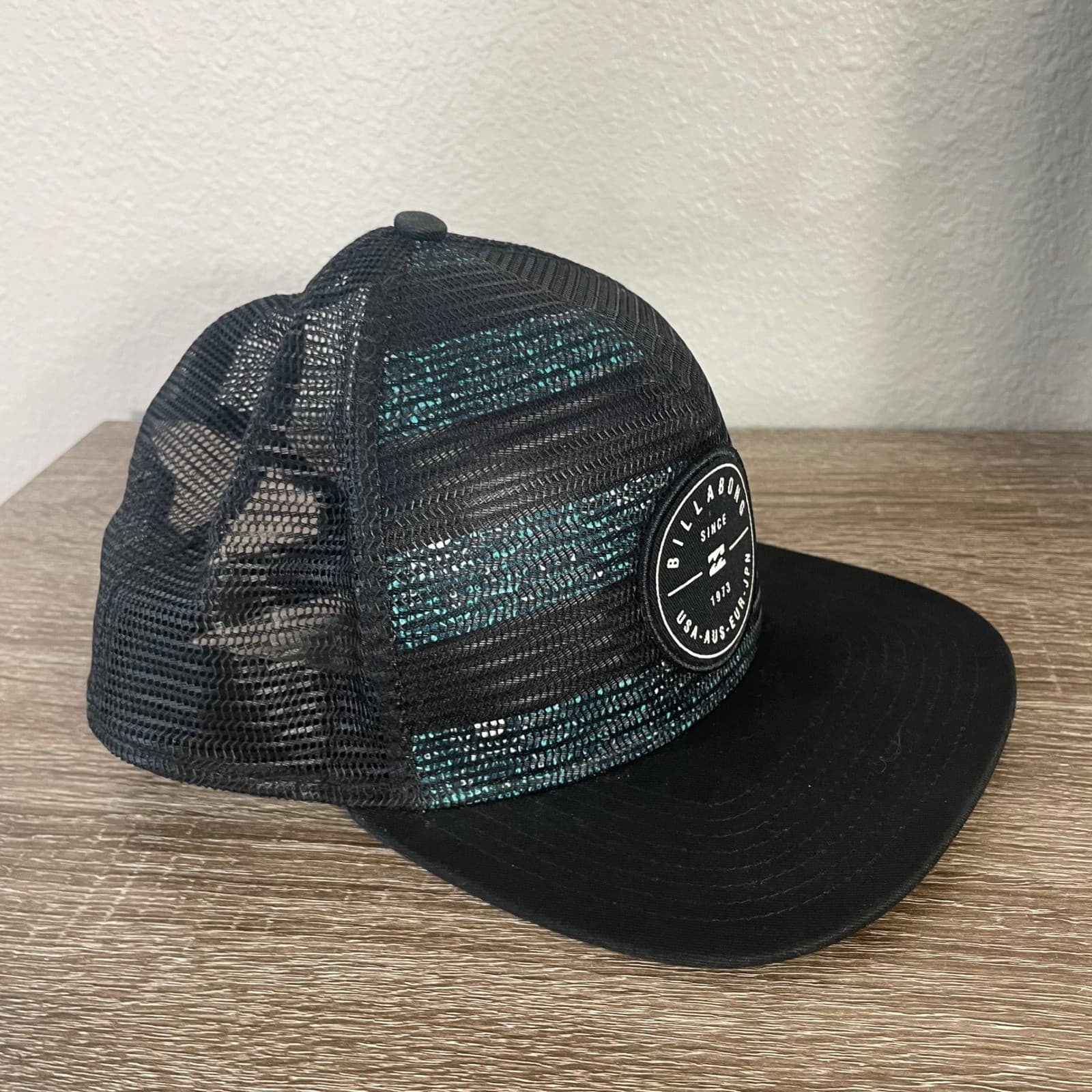 Billabong Mens Trucker Hat Black Teal Striped Logo Snapback Flat Brim Cap - Thumbnail 8