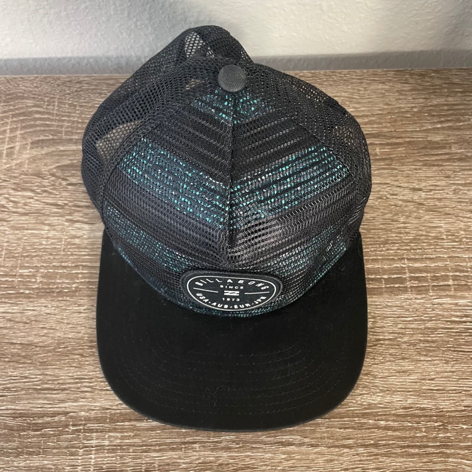 Billabong Mens Trucker Hat Black Teal Striped Logo Snapback Flat Brim Cap - Thumbnail 5