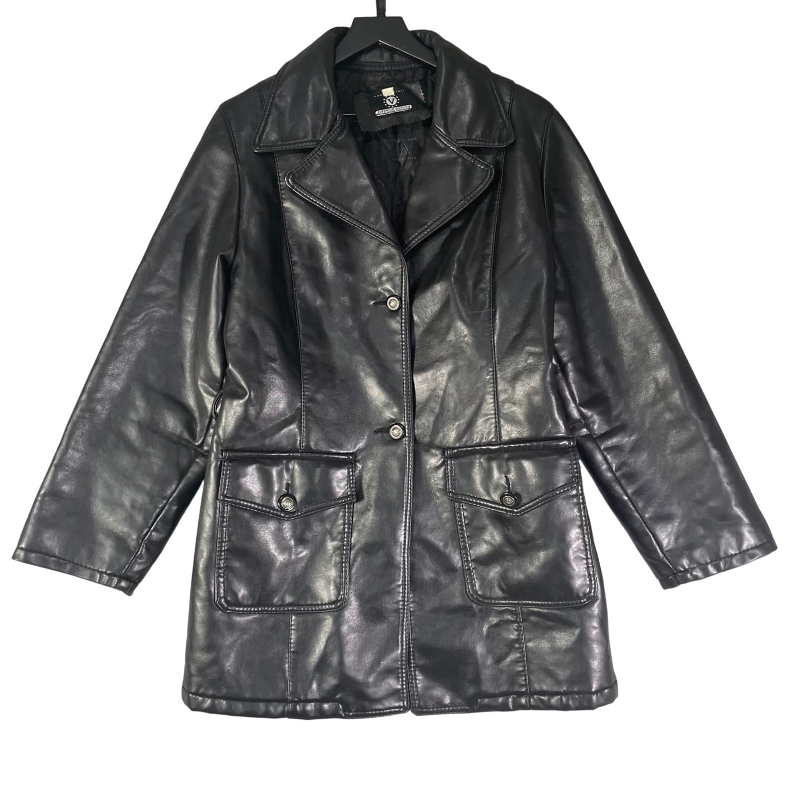 Made Italy Vintage Faux Leather Jacket Womens XL Black Oversized Moto Coat - Thumbnail 3