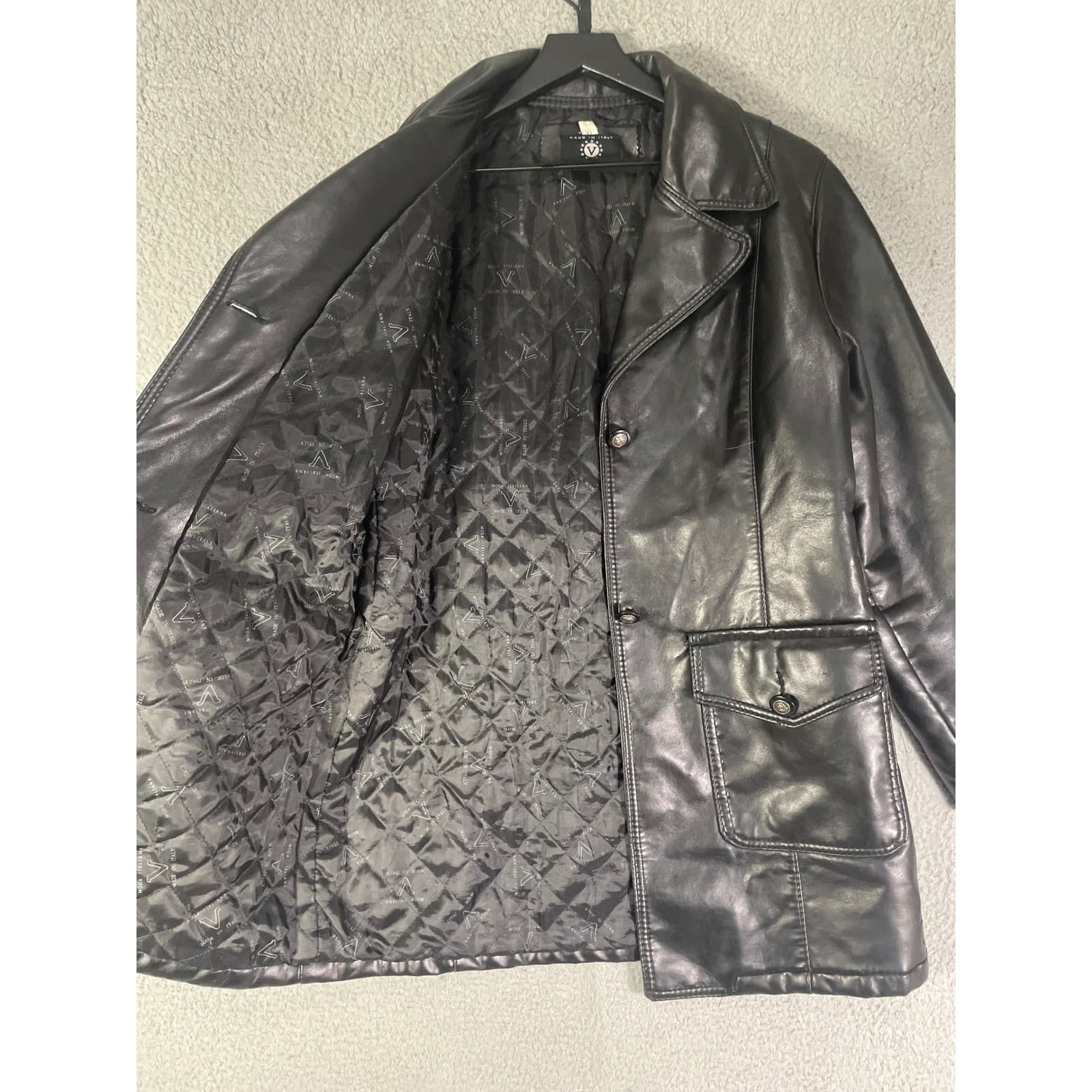 Made Italy Vintage Faux Leather Jacket Womens XL Black Oversized Moto Coat - Thumbnail 14