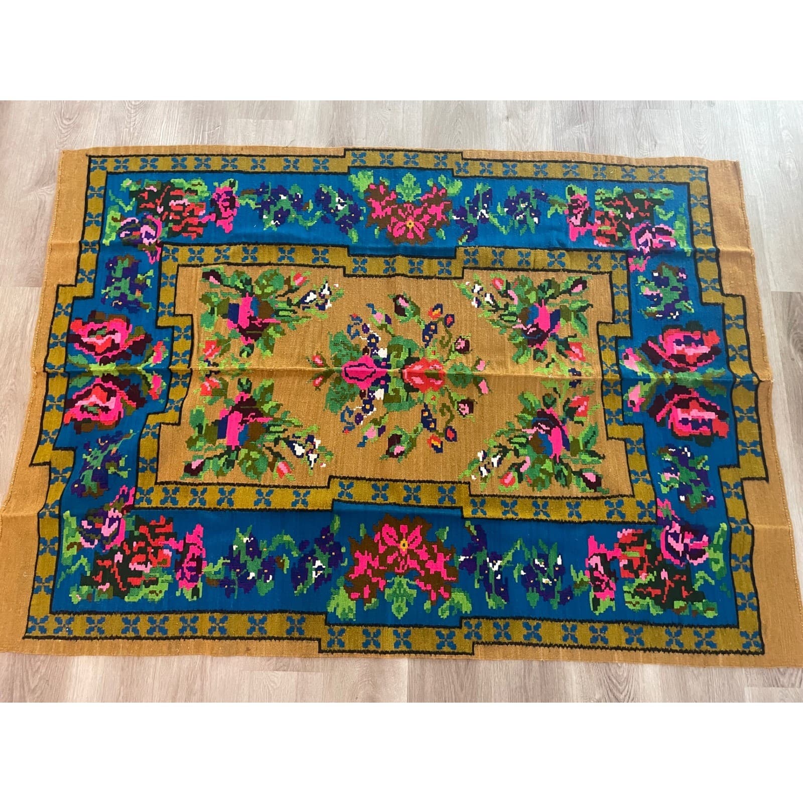 Vintage Bessarabian Kilim Rug Floral Rose Wool 70x50 Moldovan Romanian Flatweave - Thumbnail 9