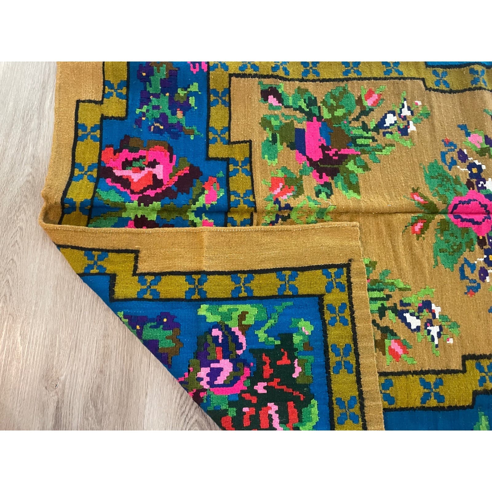 Vintage Bessarabian Kilim Rug Floral Rose Wool 70x50 Moldovan Romanian Flatweave - Thumbnail 8
