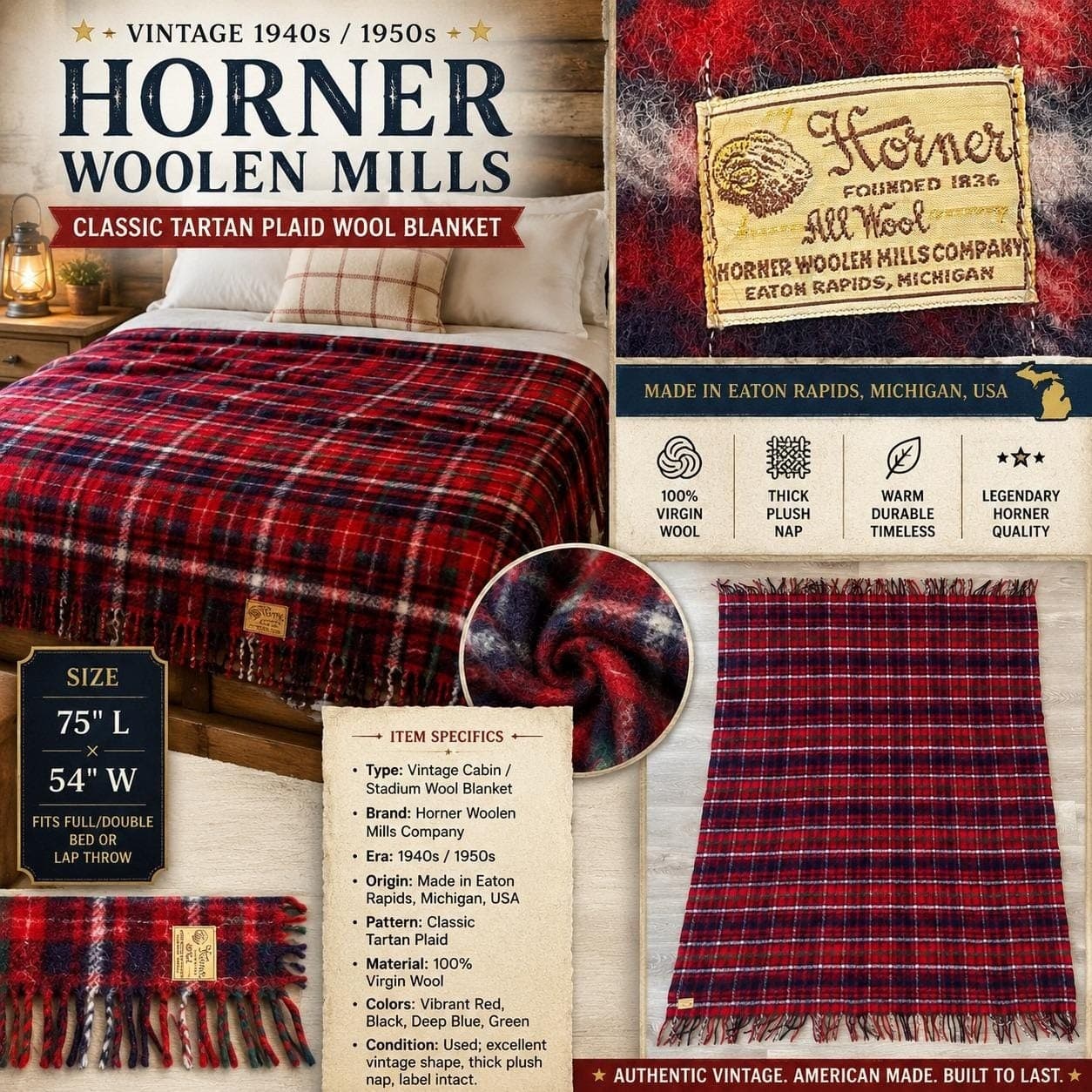 Vintage Horner Woolen Mills Blanket Red Plaid 100% Virgin Wool Stadium USA - Thumbnail 2
