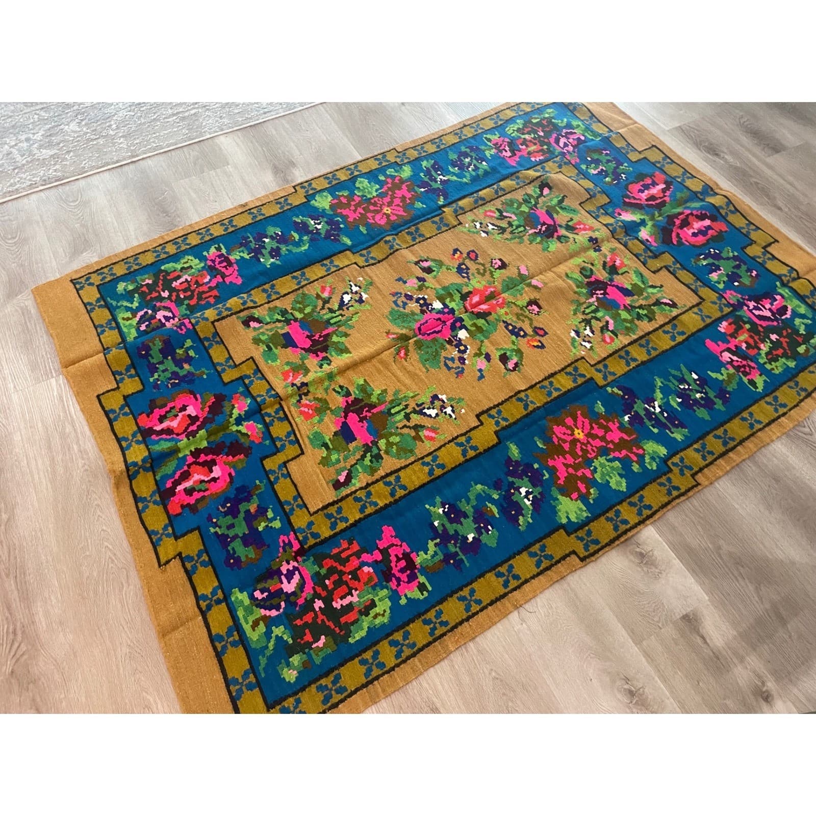 Vintage Bessarabian Kilim Rug Floral Rose Wool 70x50 Moldovan Romanian Flatweave - Thumbnail 4