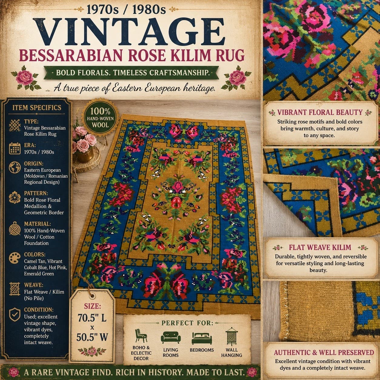 Vintage Bessarabian Kilim Rug Floral Rose Wool 70x50 Moldovan Romanian Flatweave - Thumbnail 2