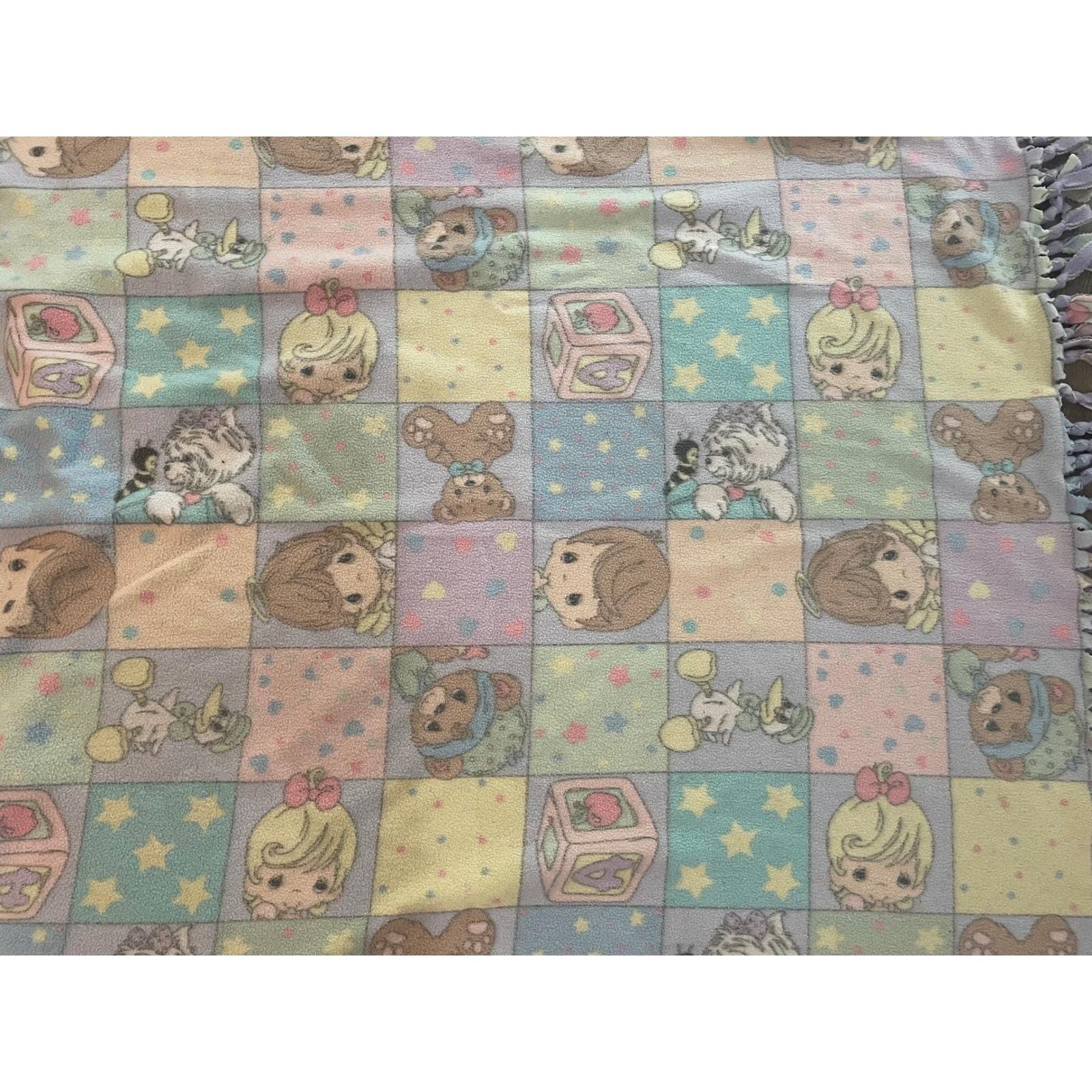Vintage Precious Moments Blanket Baby Nursery Fleece Pastel Animals Fringe Throw - Thumbnail 3