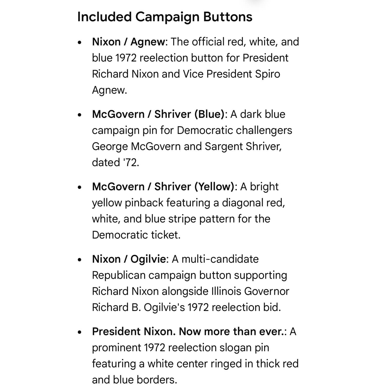 1972 Campaign Buttons Lot Nixon Agnew McGovern Shriver Political Pinbacks 6pc - Thumbnail 2