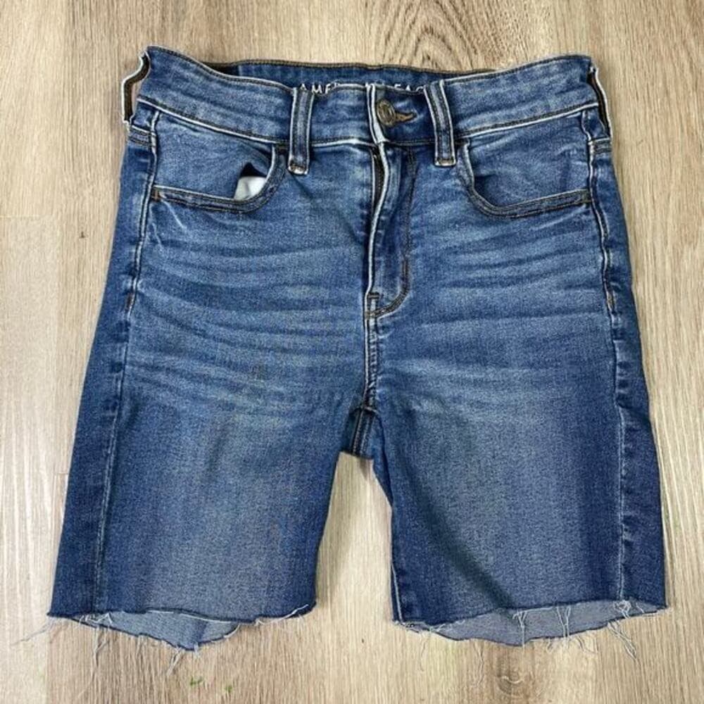 American Eagle Next Level Stretch Denim Cutoff Shorts Size 2 Long Distressedwh - Thumbnail 6