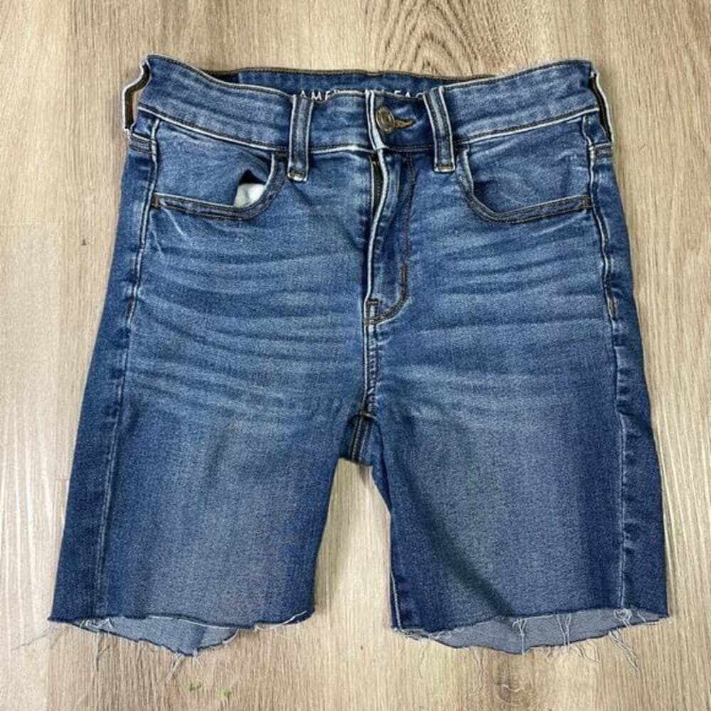 American Eagle Next Level Stretch Denim Cutoff Shorts Size 2 Long Distressedwh - Thumbnail 2