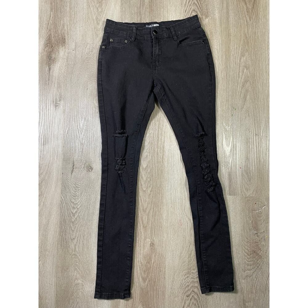 Fashion Nova Black Distressed Skinny Jeans Women's 7/8 High Rise Stretch Denim - Thumbnail 4
