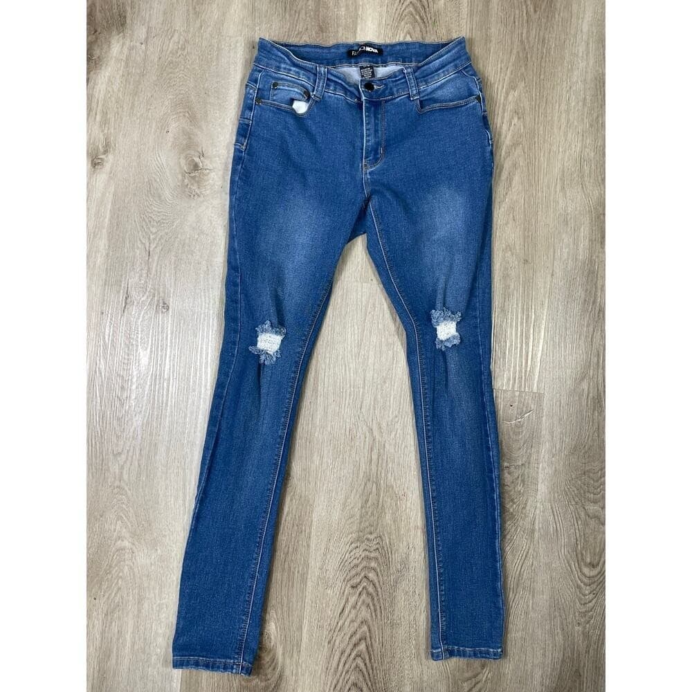 Fashion Nova Women's 7/8 Blue Distressed Ripped Skinny Jeans Mid Rise Denim - Thumbnail 2