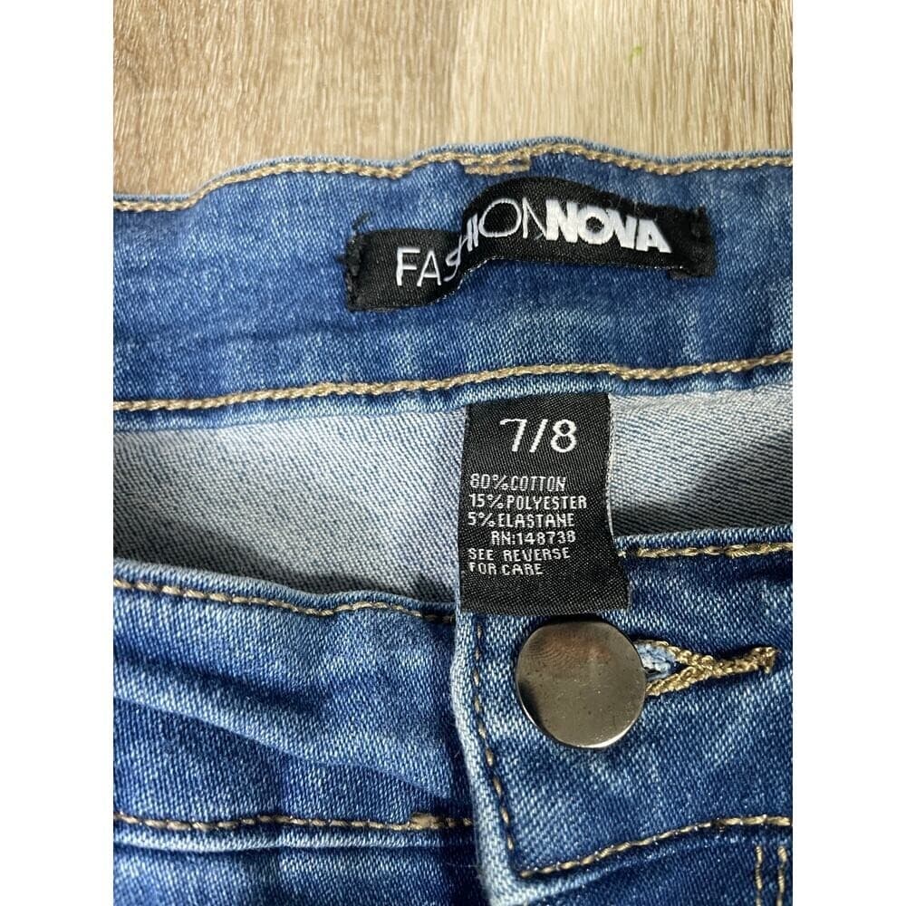 Fashion Nova Women's 7/8 Blue Distressed Ripped Skinny Jeans Mid Rise Denim - Thumbnail 5