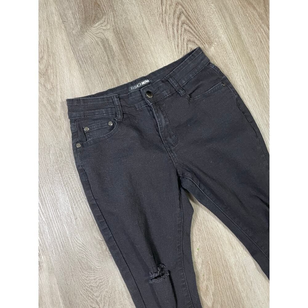 Fashion Nova Black Distressed Skinny Jeans Women's 7/8 High Rise Stretch Denim - Thumbnail 6