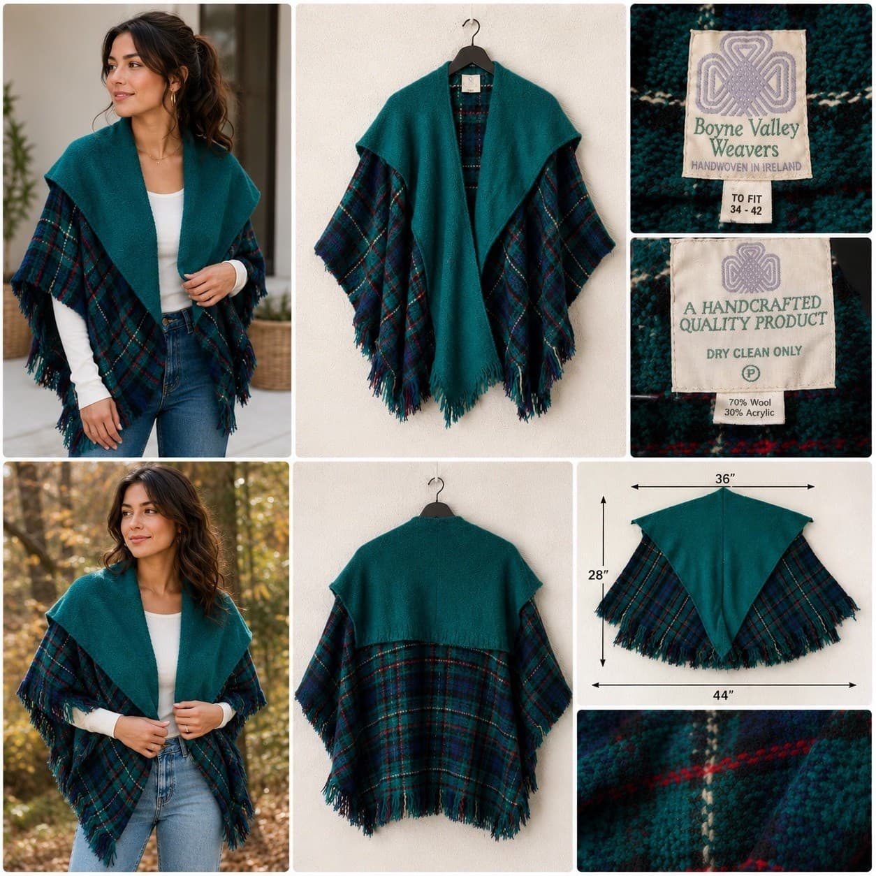Boyne Valley Weavers Teal Plaid Wool Blend Poncho Cape Shawl Ireland Fringe - Thumbnail 2