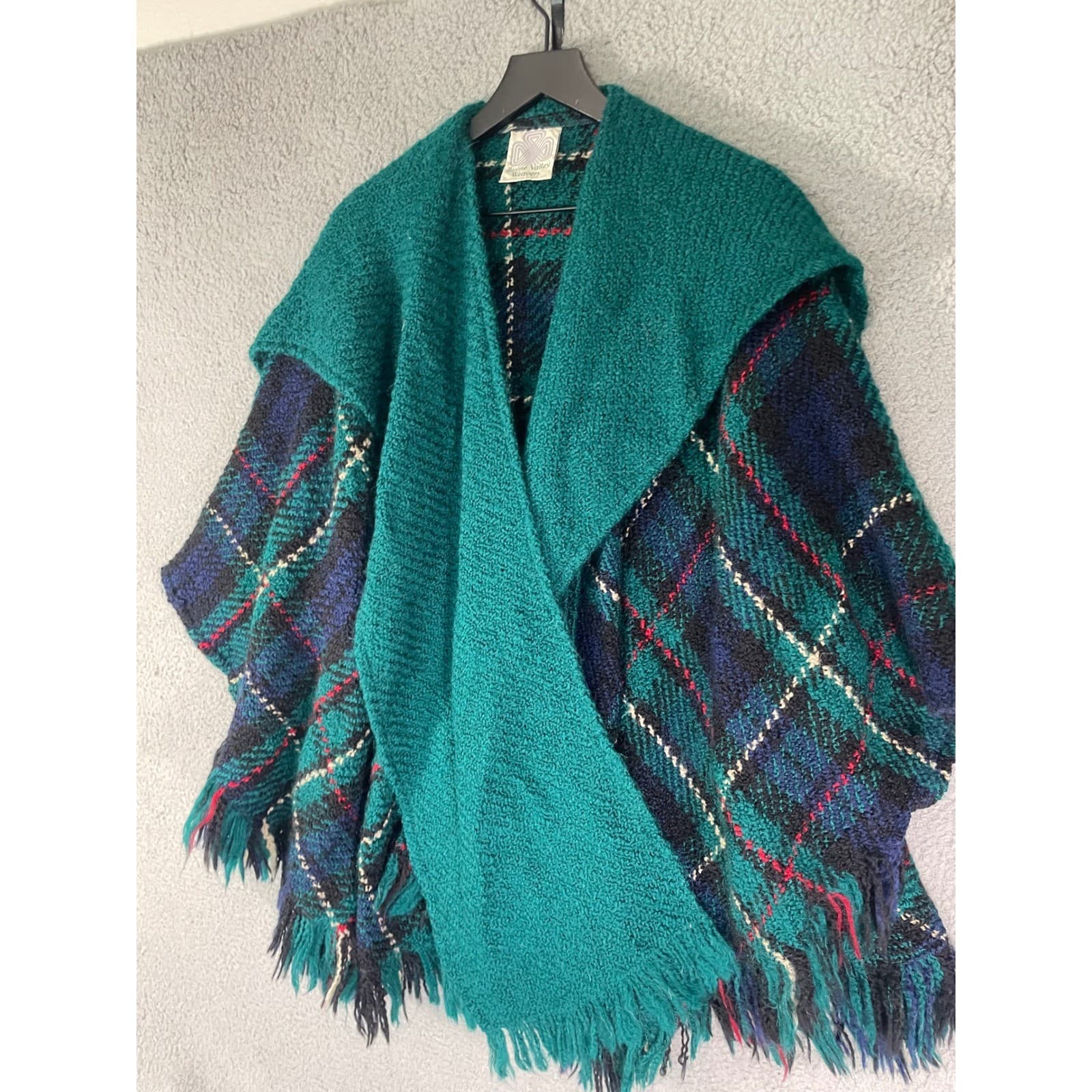 Boyne Valley Weavers Teal Plaid Wool Blend Poncho Cape Shawl Ireland Fringe - Thumbnail 9