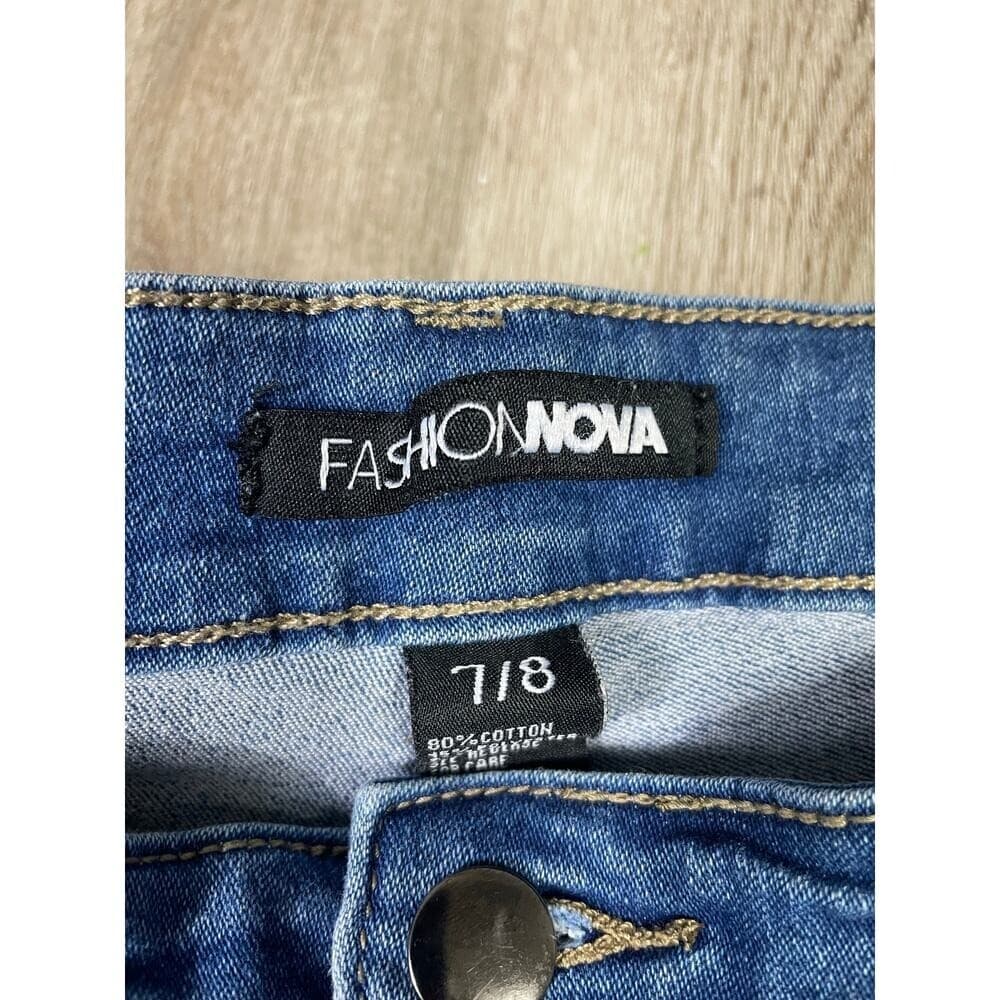 Fashion Nova Women's 7/8 Blue Distressed Ripped Skinny Jeans Mid Rise Denim - Thumbnail 7