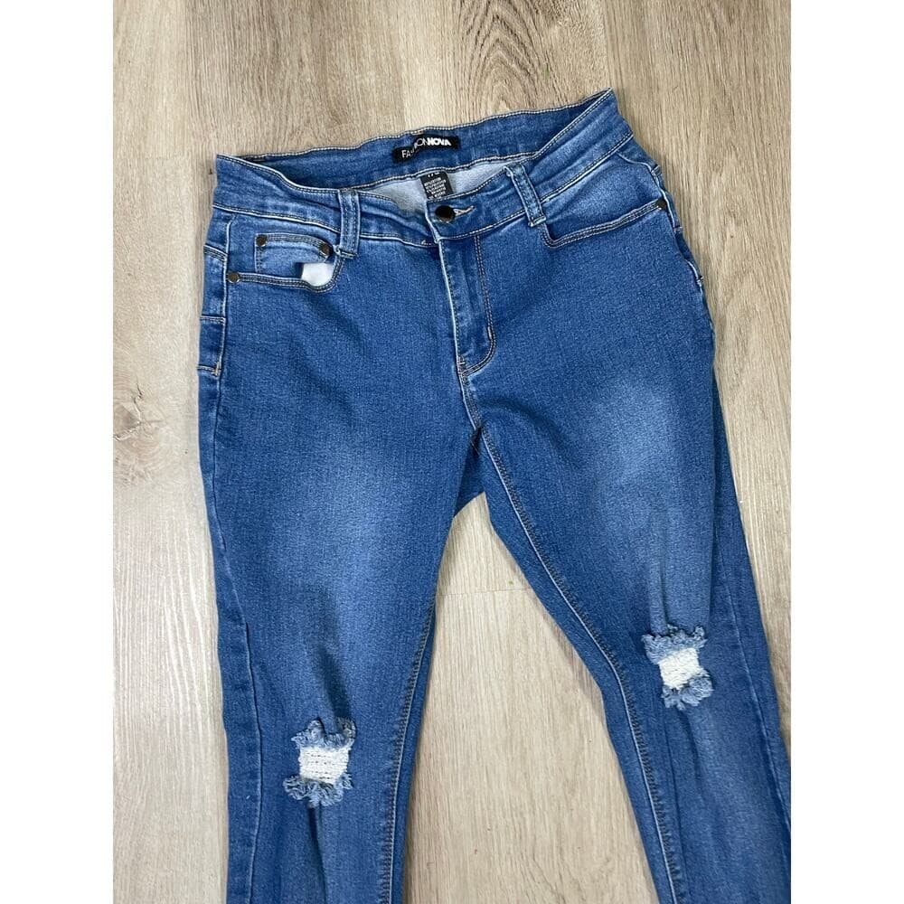 Fashion Nova Women's 7/8 Blue Distressed Ripped Skinny Jeans Mid Rise Denim - Thumbnail 6