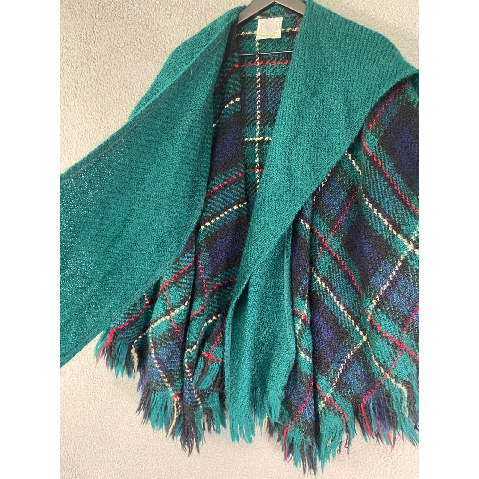 Boyne Valley Weavers Teal Plaid Wool Blend Poncho Cape Shawl Ireland Fringe - Thumbnail 10