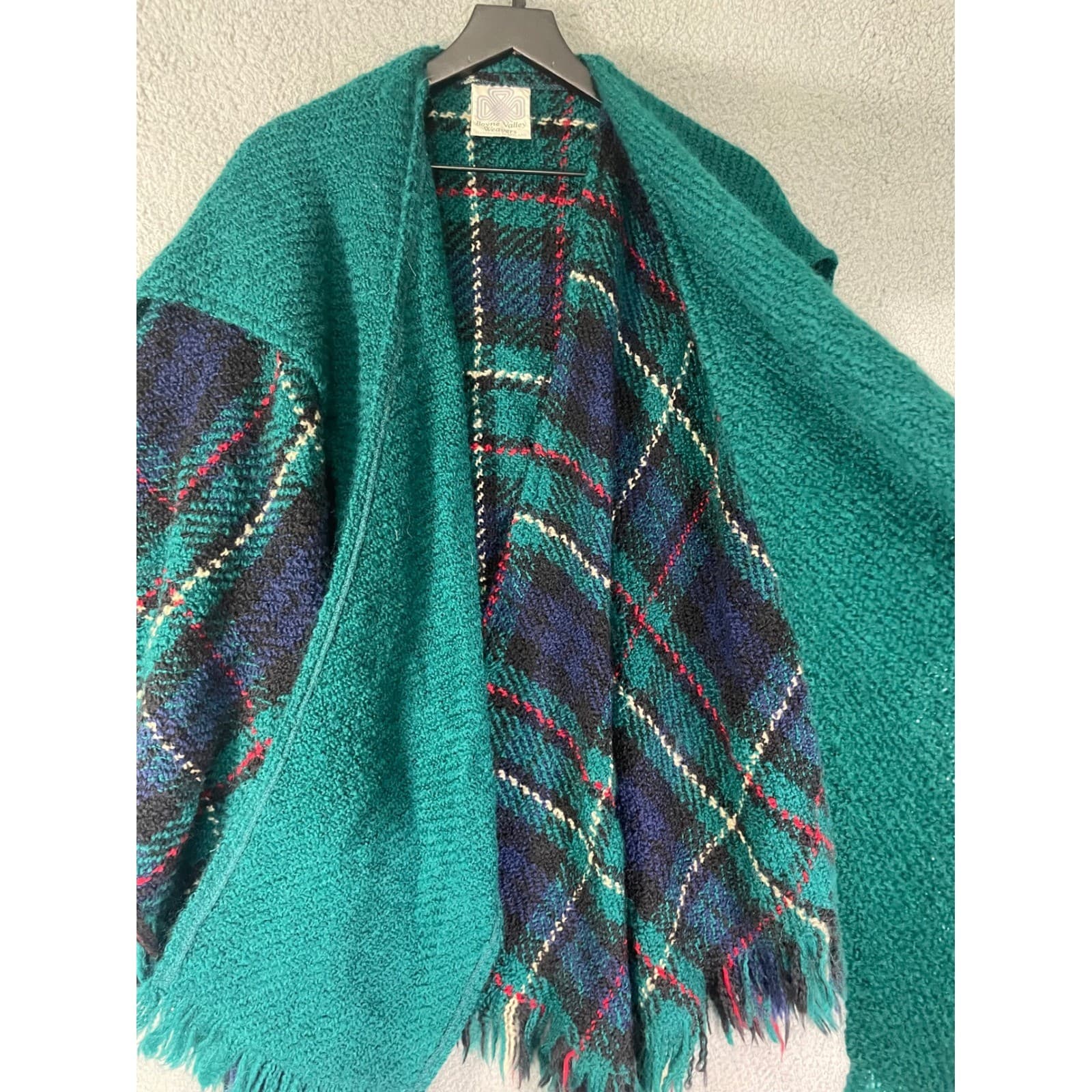 Boyne Valley Weavers Teal Plaid Wool Blend Poncho Cape Shawl Ireland Fringe - Thumbnail 11