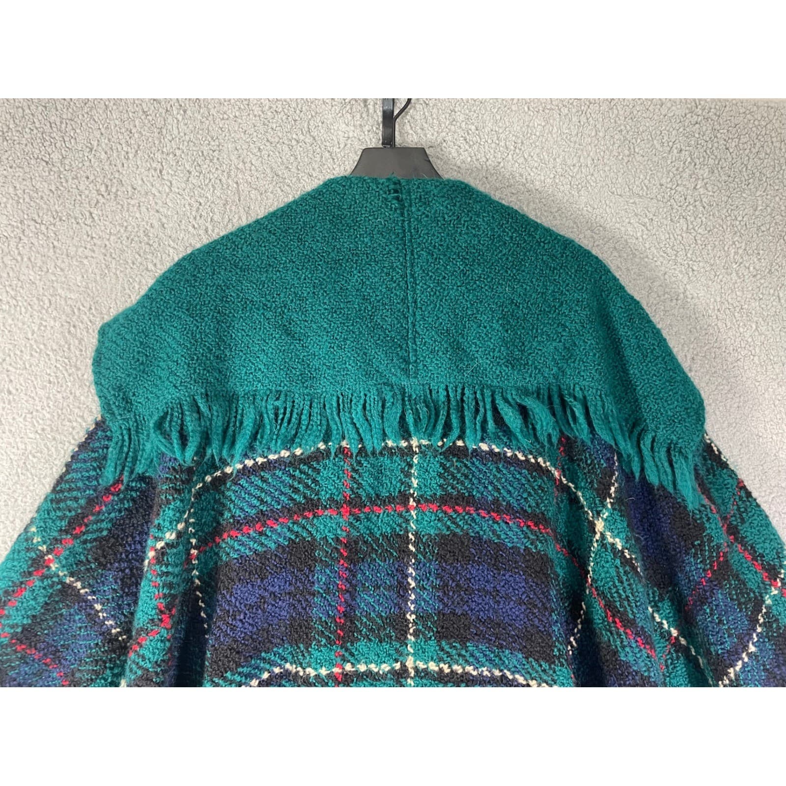 Boyne Valley Weavers Teal Plaid Wool Blend Poncho Cape Shawl Ireland Fringe - Thumbnail 13