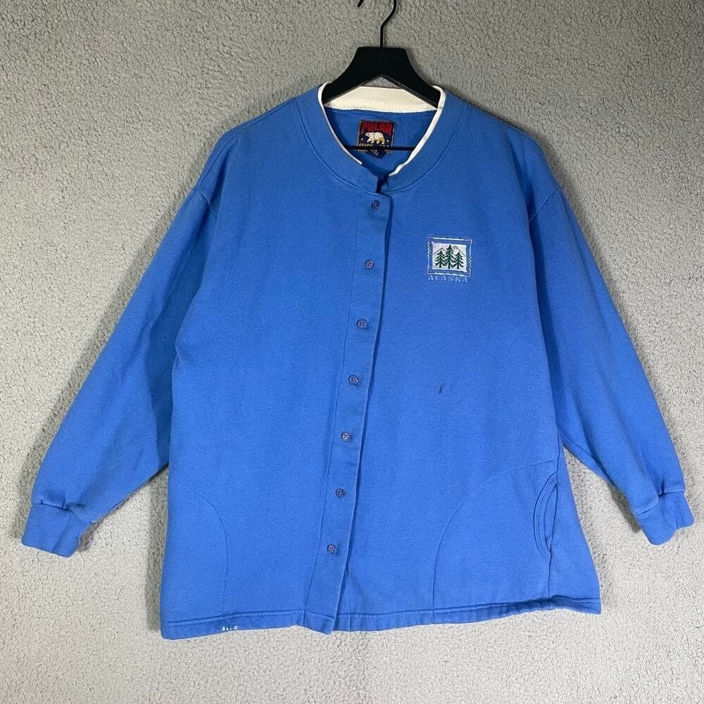 Vintage Polar Alaska Blue Button Front Sweatshirt Jacket L USA Trees Embroidery - Thumbnail 2