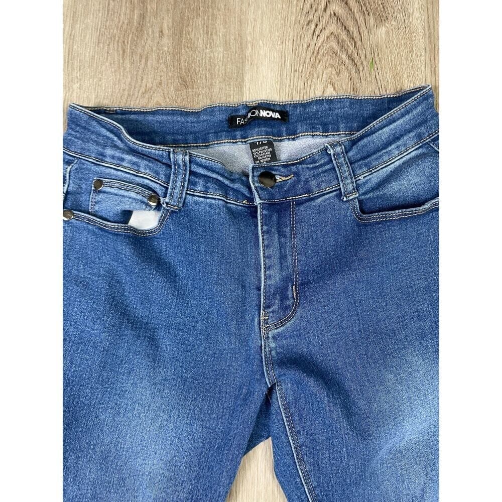 Fashion Nova Women's 7/8 Blue Distressed Ripped Skinny Jeans Mid Rise Denim - Thumbnail 8