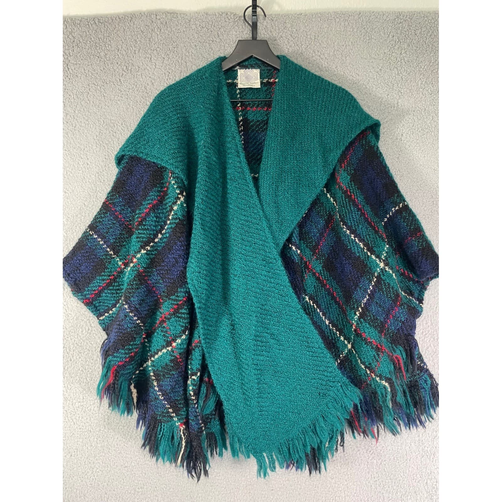 Boyne Valley Weavers Teal Plaid Wool Blend Poncho Cape Shawl Ireland Fringe - Thumbnail 7