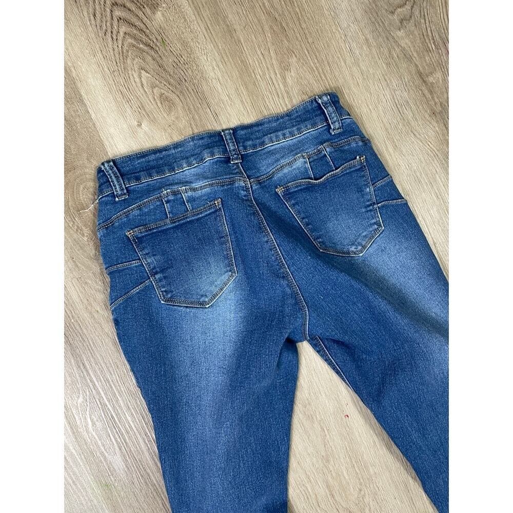 Fashion Nova Women's 7/8 Blue Distressed Ripped Skinny Jeans Mid Rise Denim - Thumbnail 4