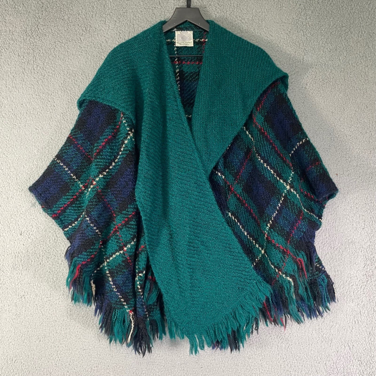 Boyne Valley Weavers Teal Plaid Wool Blend Poncho Cape Shawl Ireland Fringe - Thumbnail 6