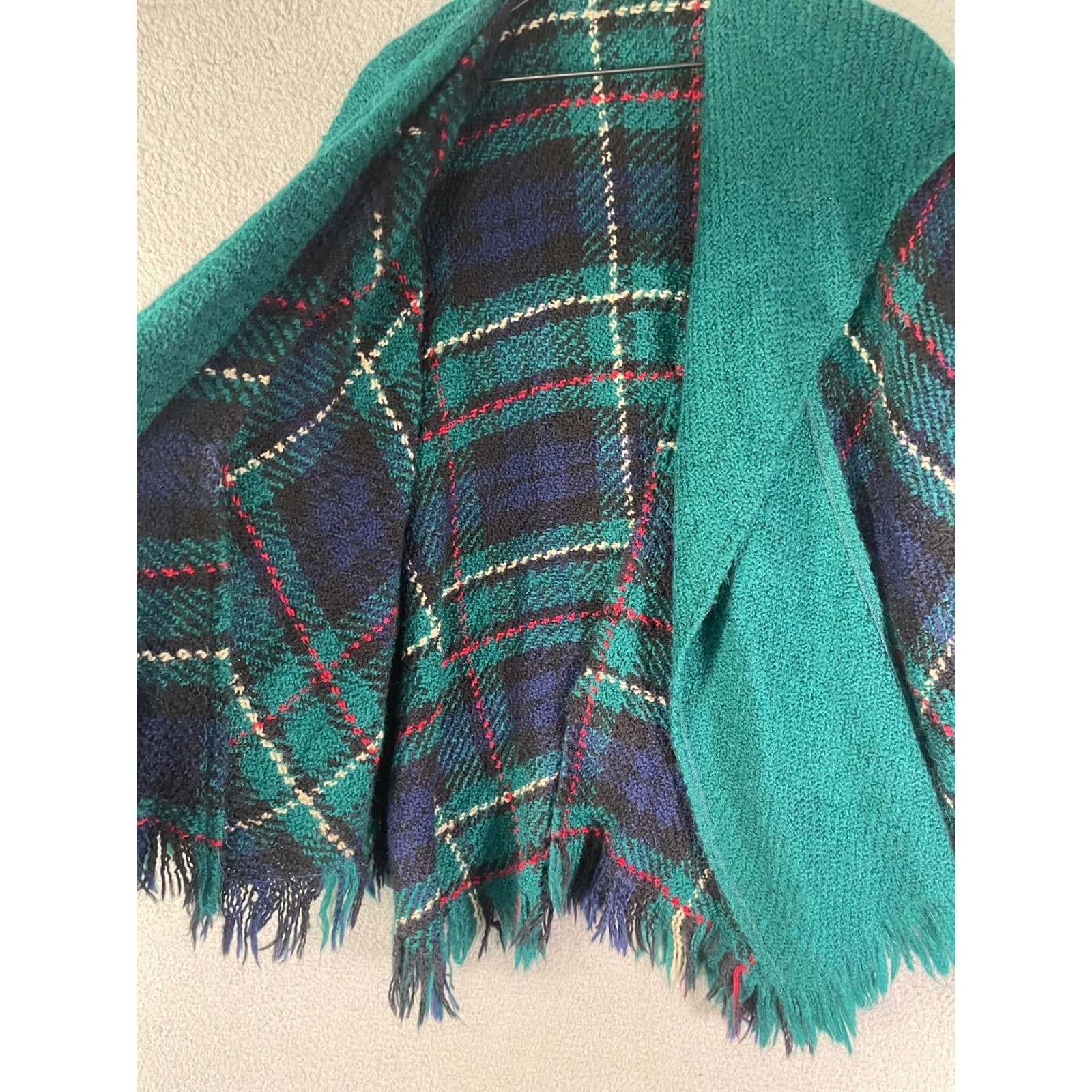 Boyne Valley Weavers Teal Plaid Wool Blend Poncho Cape Shawl Ireland Fringe - Thumbnail 12