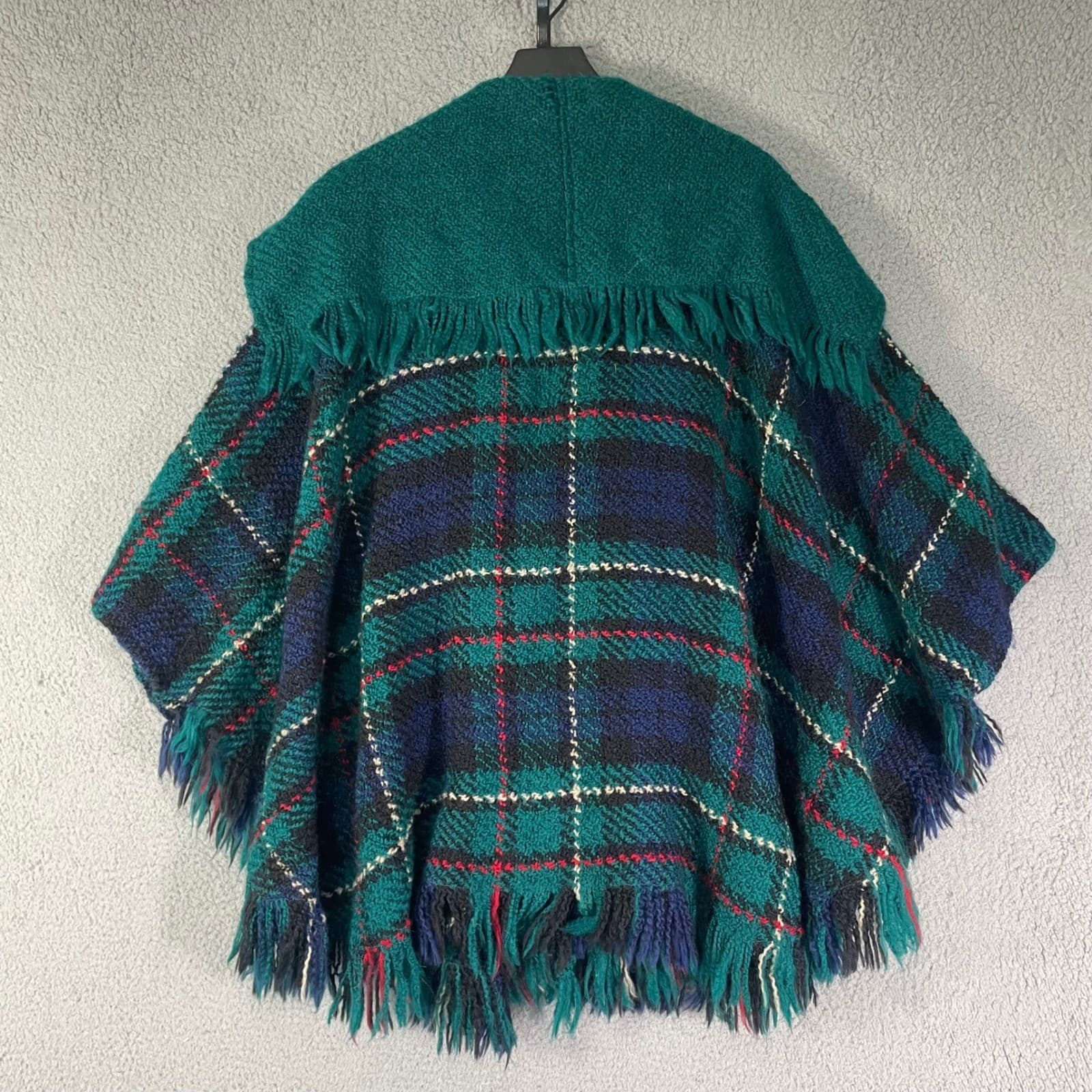 Boyne Valley Weavers Teal Plaid Wool Blend Poncho Cape Shawl Ireland Fringe - Thumbnail 8