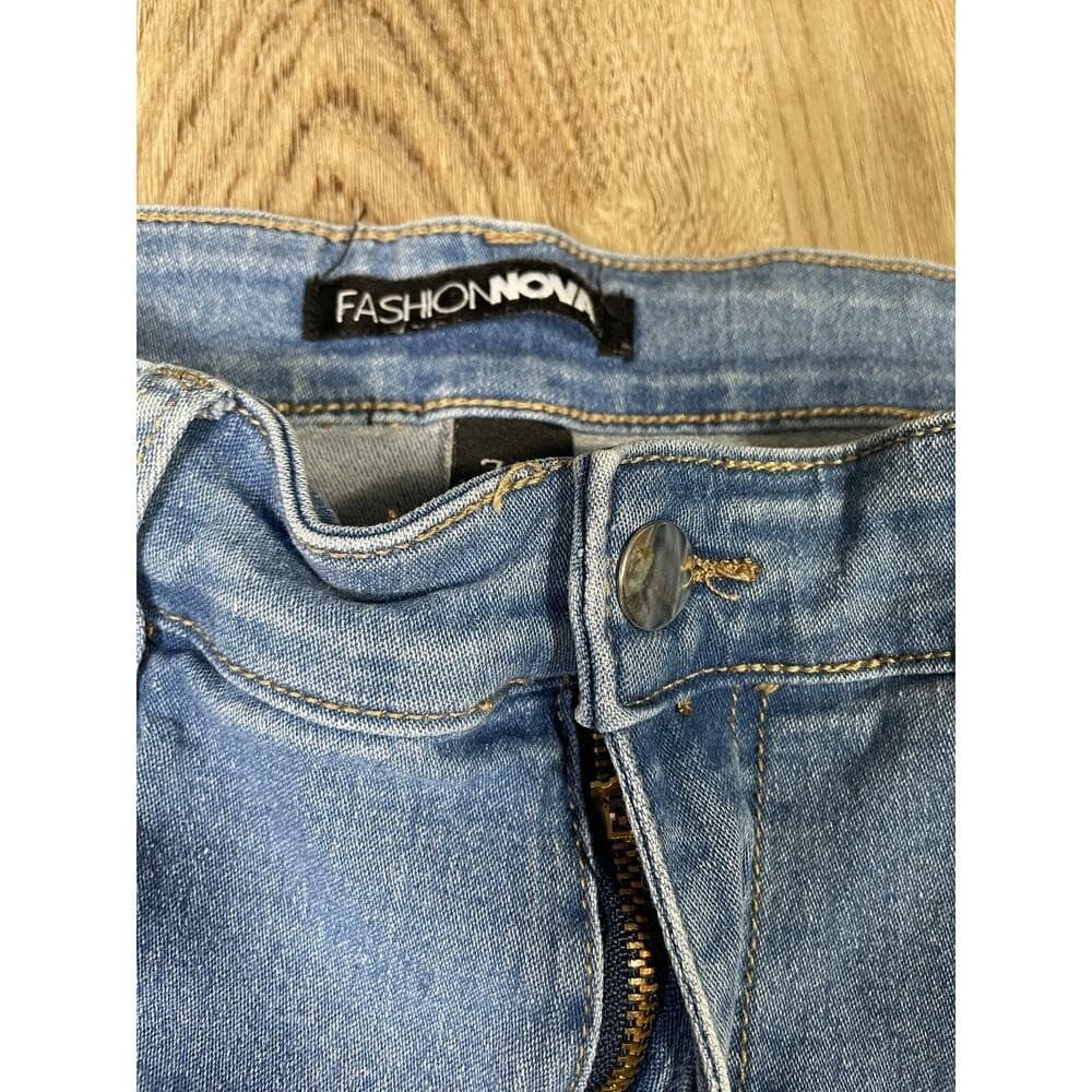 Fashion Nova Women's 7/8 Blue Distressed Ripped Skinny Jeans Mid Rise Stretch - Thumbnail 9