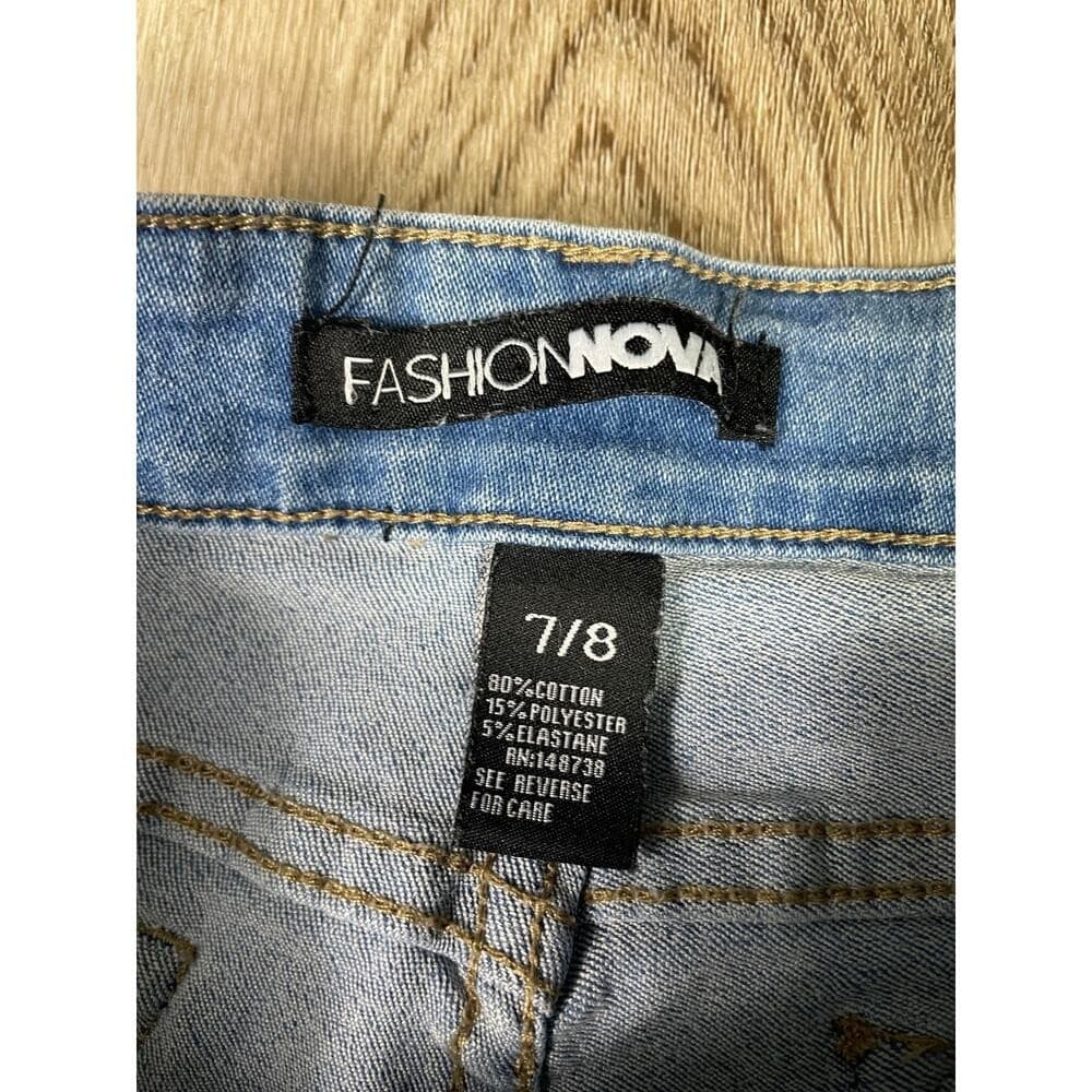 Fashion Nova Women's 7/8 Blue Distressed Ripped Skinny Jeans Mid Rise Stretch - Thumbnail 3