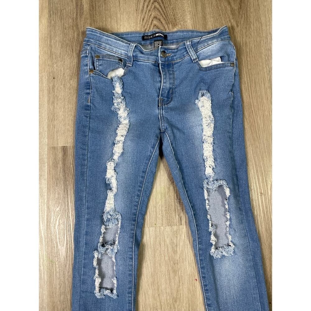 Fashion Nova Women's 7/8 Blue Distressed Ripped Skinny Jeans Mid Rise Stretch - Thumbnail 5