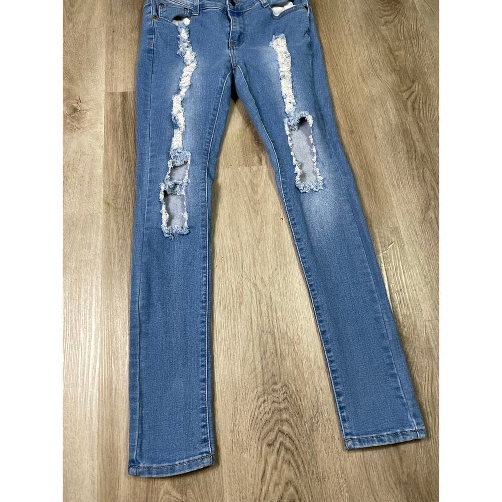 Fashion Nova Women's 7/8 Blue Distressed Ripped Skinny Jeans Mid Rise Stretch - Thumbnail 6