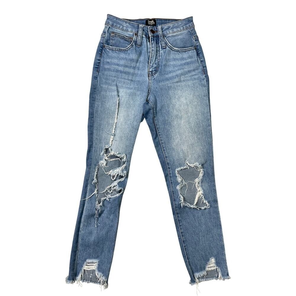 Simple Society Womens 0/24 Light Wash Distressed Straight Jeans Raw Hem Denim