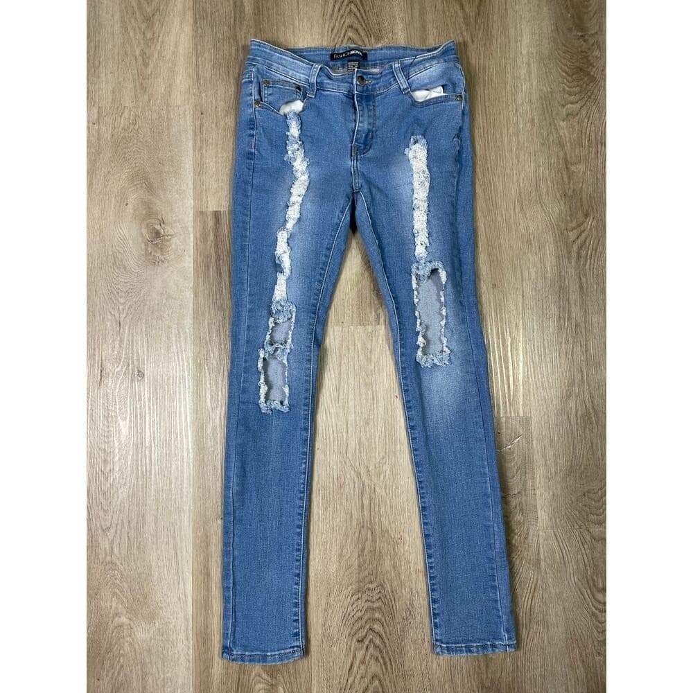 Fashion Nova Women's 7/8 Blue Distressed Ripped Skinny Jeans Mid Rise Stretch - Thumbnail 4