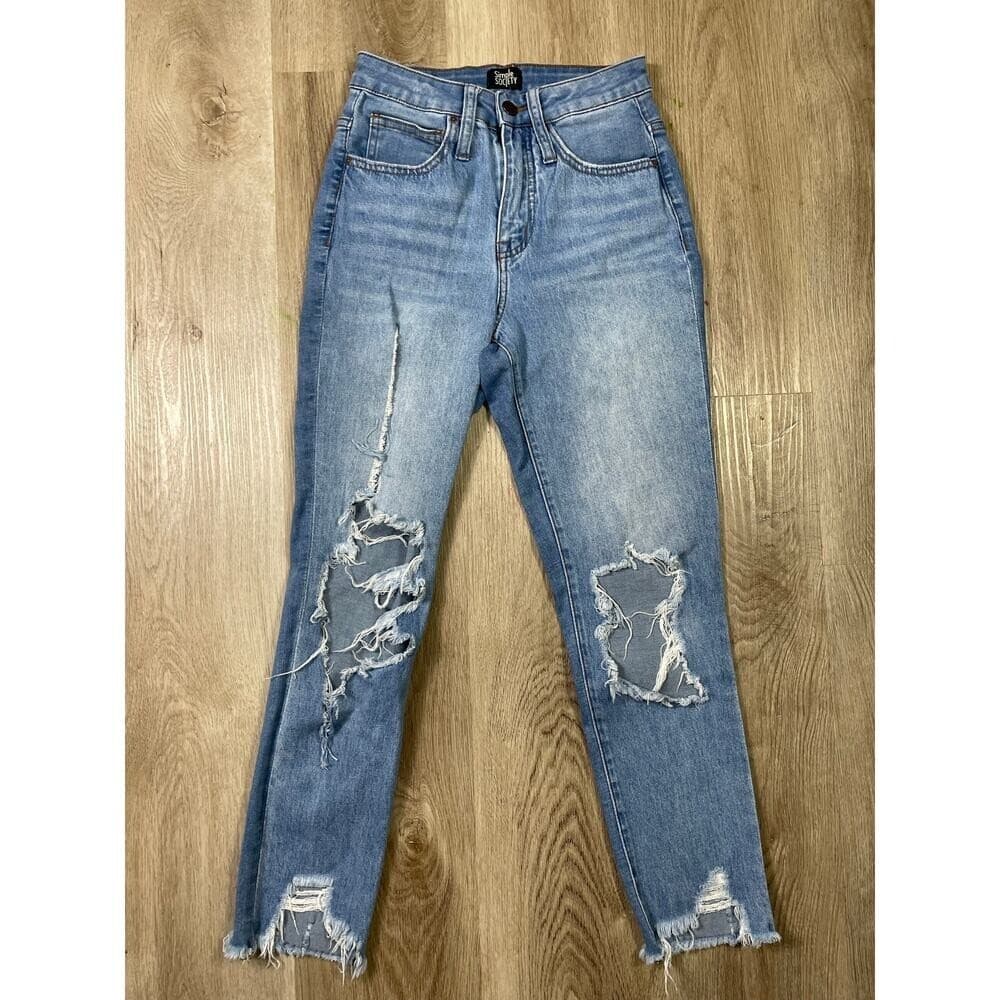 Simple Society Womens 0/24 Light Wash Distressed Straight Jeans Raw Hem Denim - Thumbnail 2